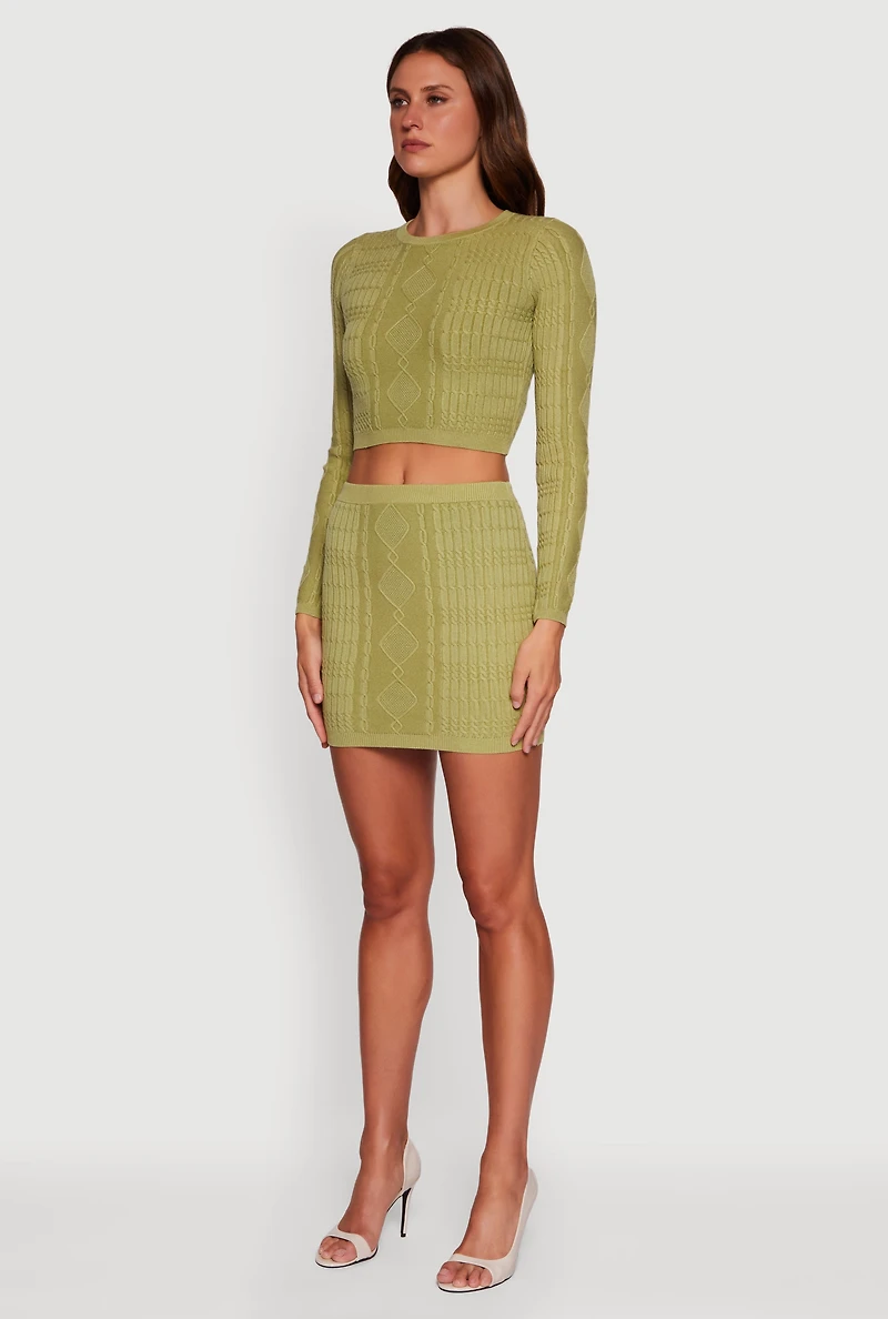 Womens Long Sleeve Cable Knit Cropped Sweater, Green, Size S