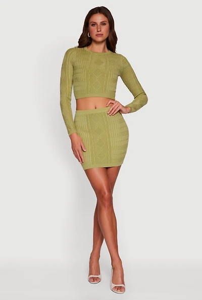 Womens Cable Knit Mini Skirt, Green, Size M