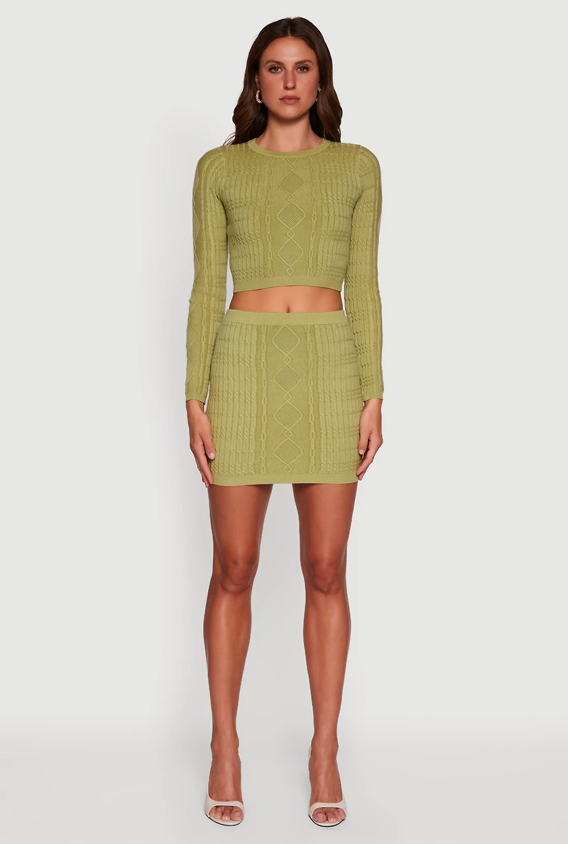 Womens Cable Knit Mini Skirt, Green, Size M