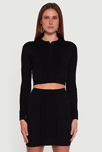 Womens Cable Knit Polo Collar Cropped Sweater, Black, Size L