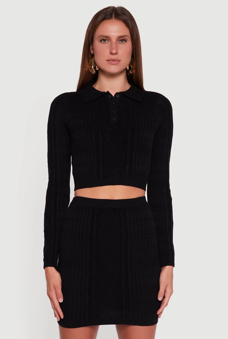 Cable Knit Polo Collar Cropped Sweater