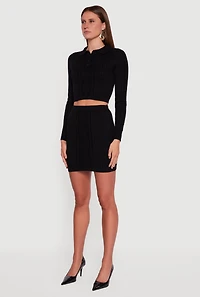 Womens Cable Knit Polo Collar Cropped Sweater, Black, Size L