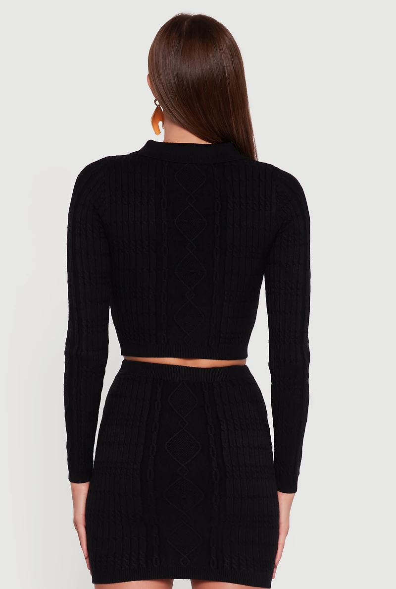 Womens Cable Knit Polo Collar Cropped Sweater, Black, Size L