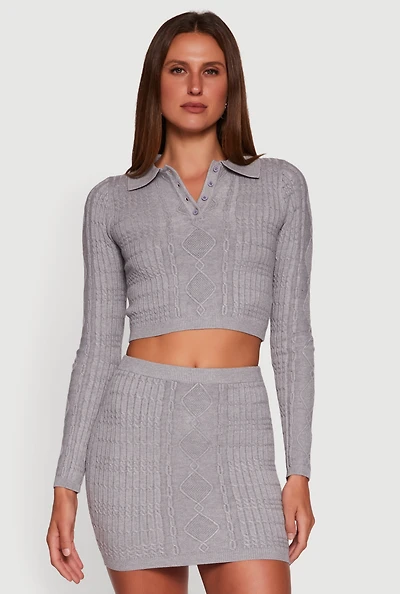 Cable Knit Polo Collar Cropped Sweater