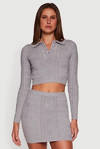 Cable Knit Polo Collar Cropped Sweater