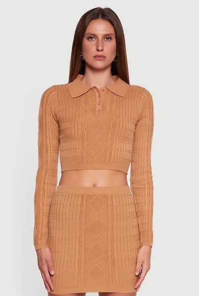 Womens Cable Knit Polo Collar Cropped Sweater, Brown, Size XL