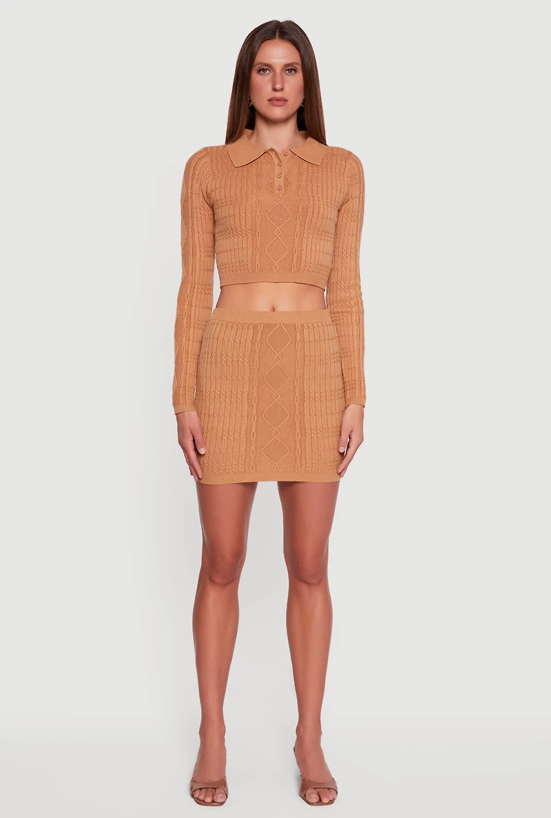 Womens Cable Knit Polo Collar Cropped Sweater, Brown, Size XL