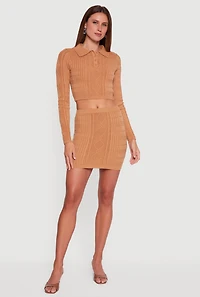 Womens Cable Knit Polo Collar Cropped Sweater, Brown, Size XL