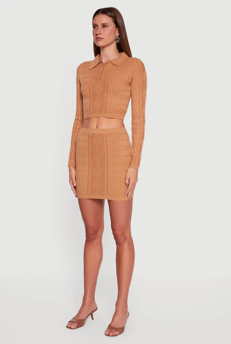 Womens Cable Knit Polo Collar Cropped Sweater, Brown, Size XL