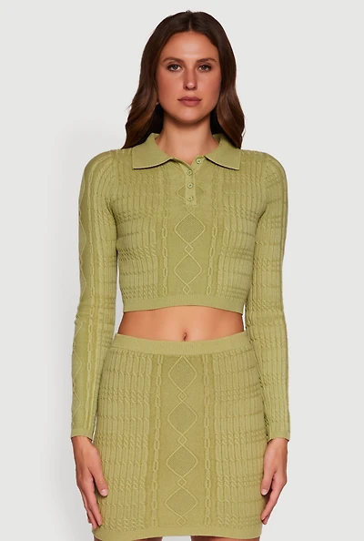 Womens Cable Knit Polo Collar Cropped Sweater,