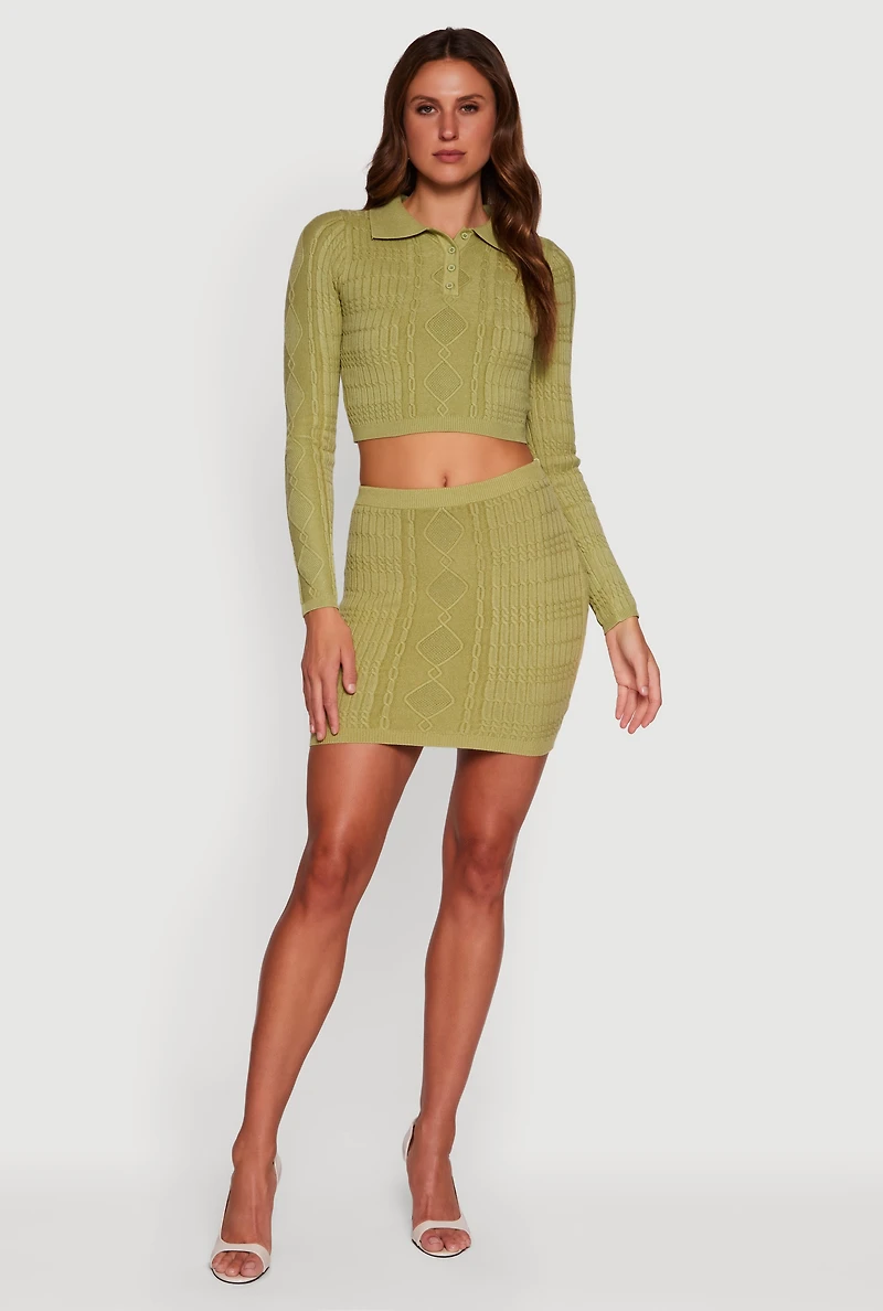 Womens Cable Knit Polo Collar Cropped Sweater,