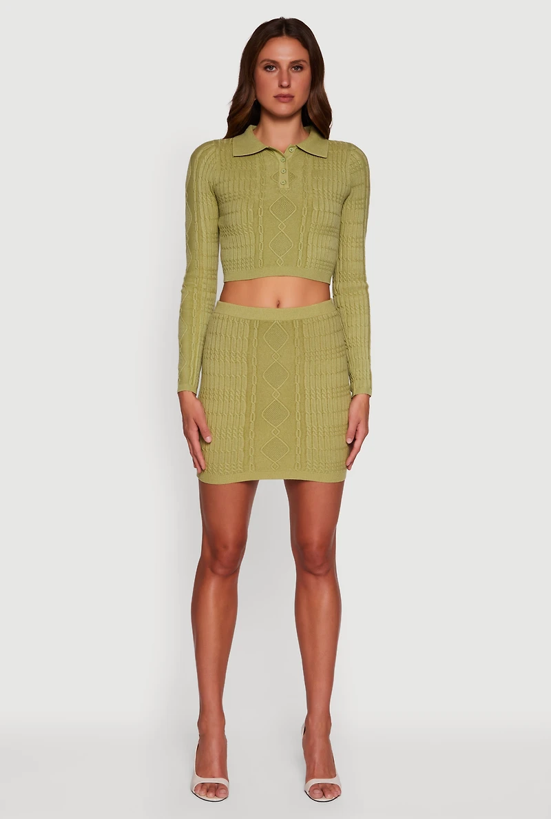 Womens Cable Knit Polo Collar Cropped Sweater,