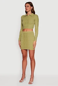 Womens Cable Knit Polo Collar Cropped Sweater,