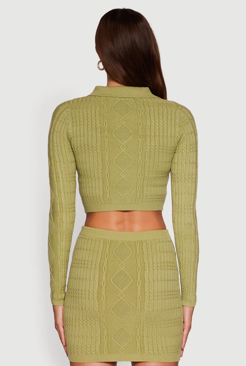 Womens Cable Knit Polo Collar Cropped Sweater,