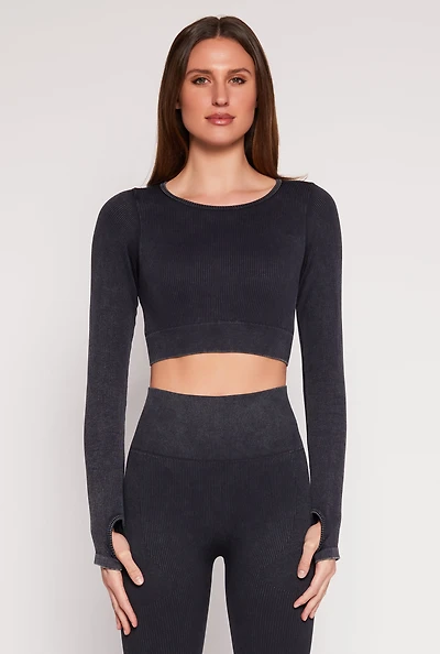 Womens Daisy Ribbed Knit Long Sleeve Crop Top, Black, Size S
