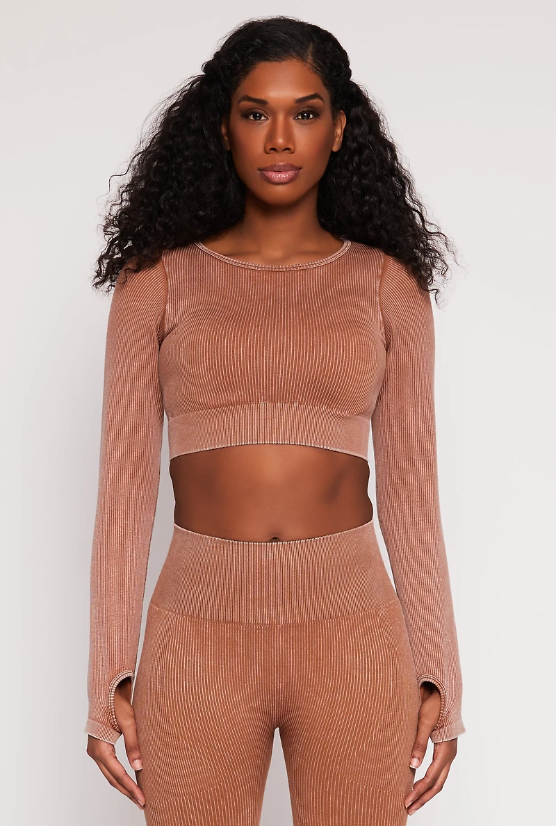 Womens Daisy Ribbed Knit Long Sleeve Crop Top, Brown, Size M