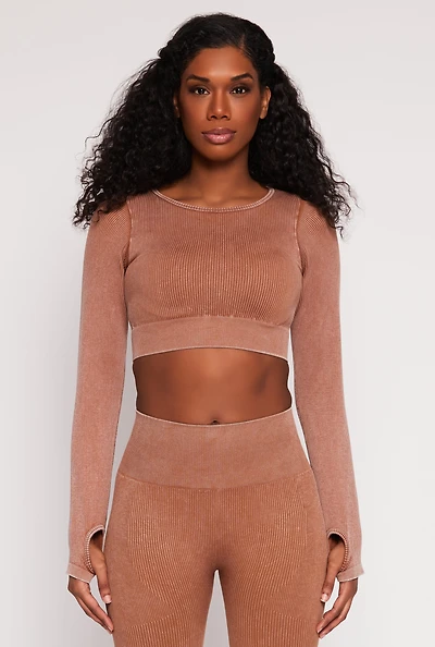 Womens Daisy Ribbed Knit Long Sleeve Crop Top, Brown, Size M