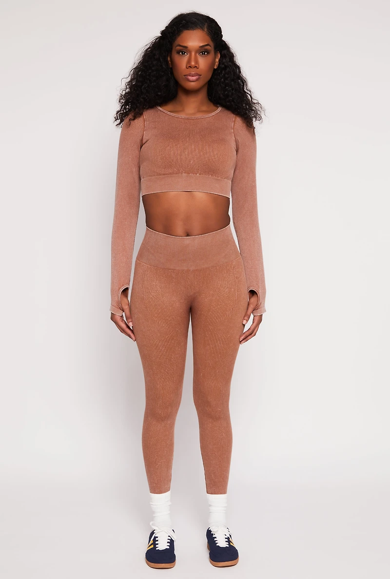 Womens Daisy Ribbed Knit Long Sleeve Crop Top, Brown, Size M