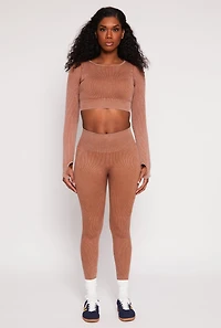 Womens Daisy Ribbed Knit Long Sleeve Crop Top, Brown, Size M