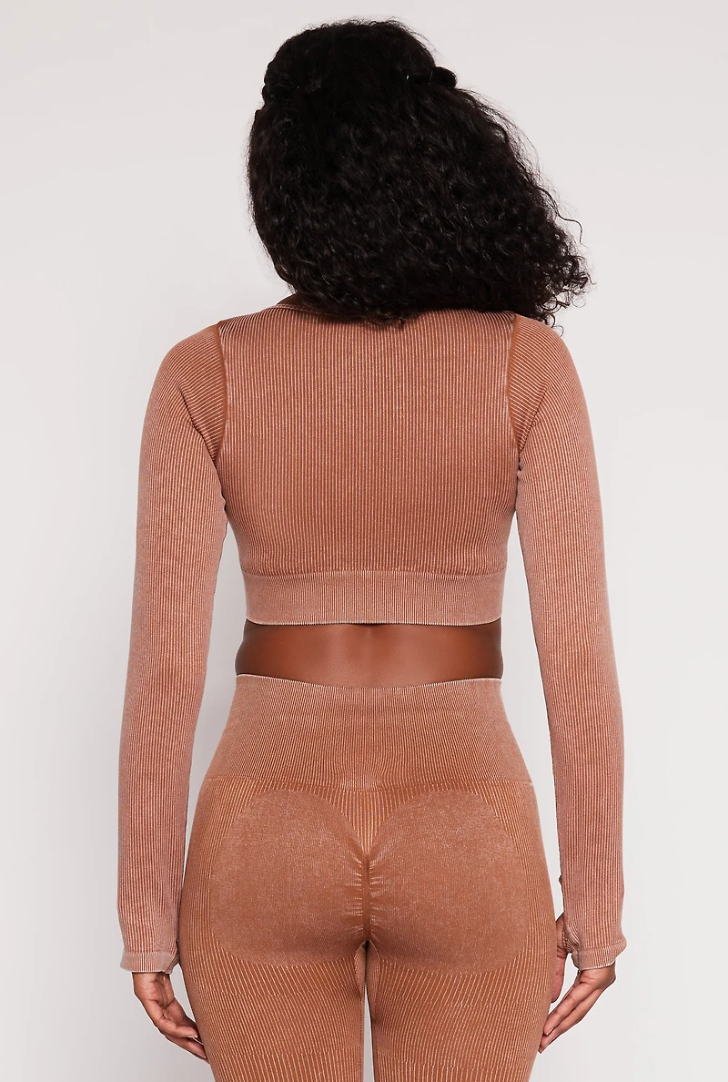 Womens Daisy Ribbed Knit Long Sleeve Crop Top, Brown, Size M