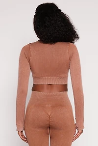 Womens Daisy Ribbed Knit Long Sleeve Crop Top, Brown, Size M