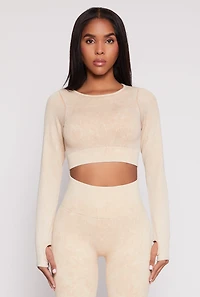 Womens Daisy Ribbed Knit Long Sleeve Crop Top, Beige, Size S