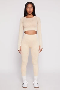Womens Daisy Ribbed Knit Long Sleeve Crop Top, Beige, Size S