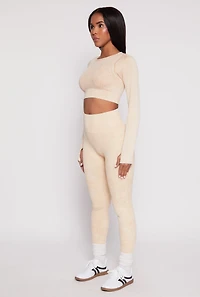 Womens Daisy Ribbed Knit Long Sleeve Crop Top, Beige, Size S