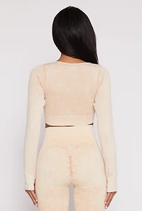 Womens Daisy Ribbed Knit Long Sleeve Crop Top, Beige, Size S