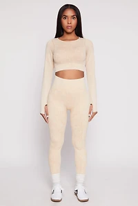 Womens Daisy Ribbed Knit Active Leggings, Khaki, Size S