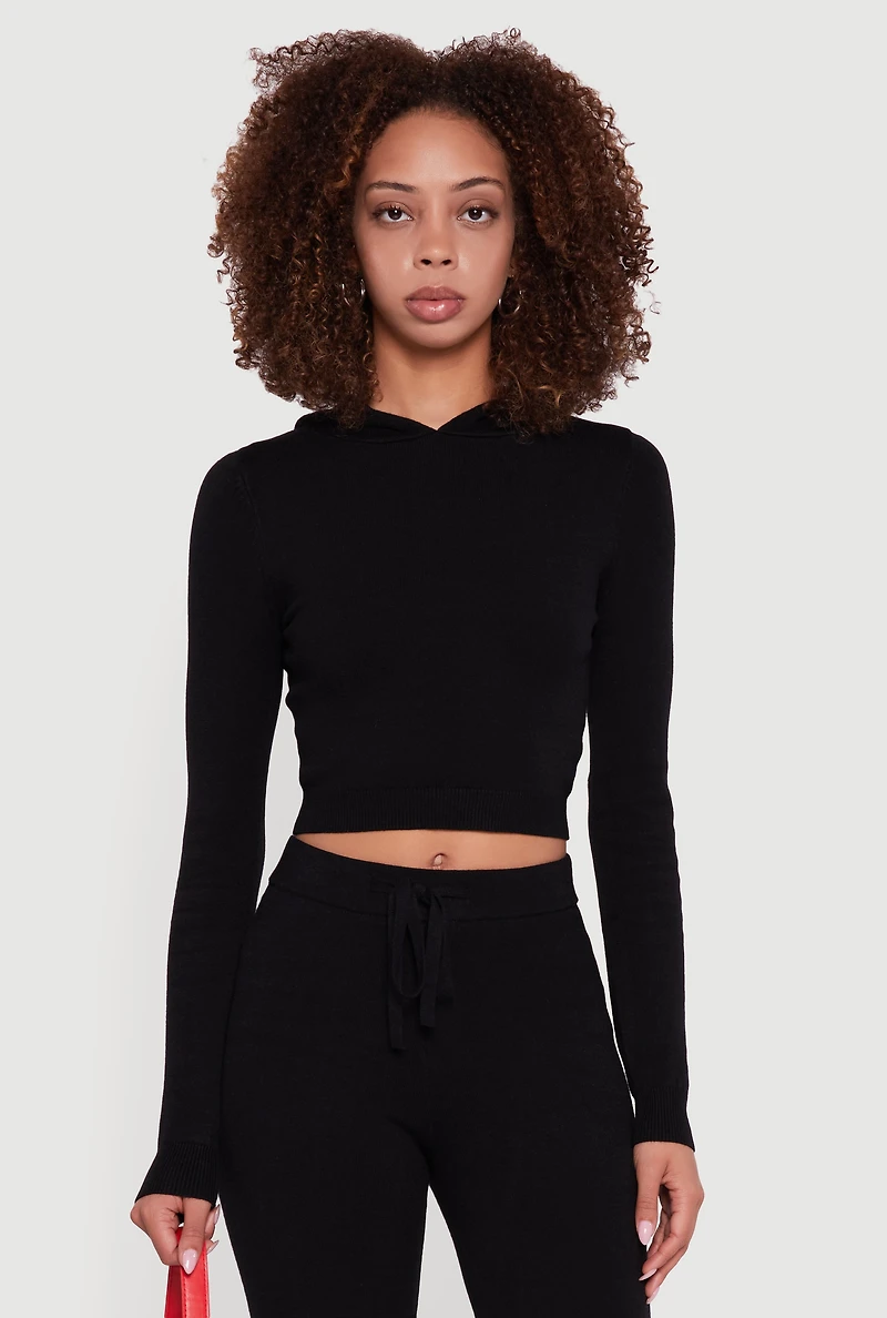 Womens Long Sleeve Cropped Pullover Hooded Sweater,