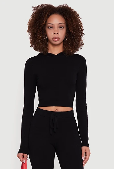 Womens Long Sleeve Cropped Pullover Hooded Sweater,