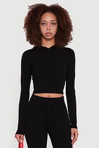 Womens Long Sleeve Cropped Pullover Hooded Sweater,