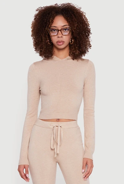 Womens Long Sleeve Cropped Pullover Hooded Sweater,