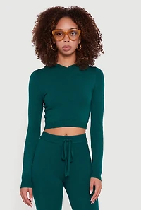 Womens Long Sleeve Cropped Pullover Hooded Sweater,