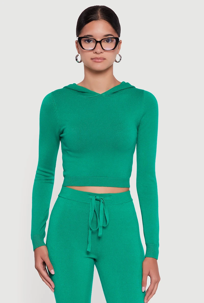 Womens Long Sleeve Cropped Pullover Hooded Sweater,
