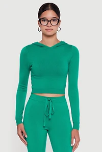 Womens Long Sleeve Cropped Pullover Hooded Sweater,