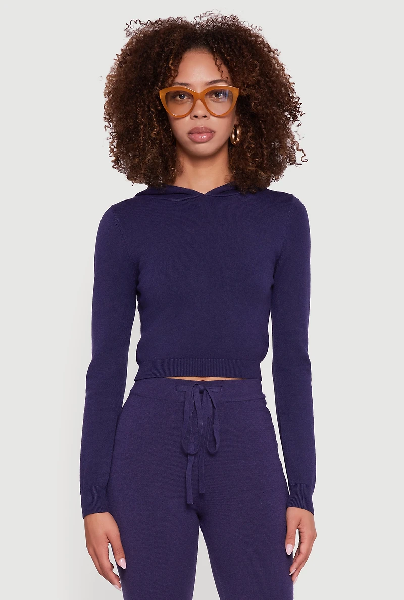 Womens Long Sleeve Cropped Pullover Hooded Sweater, Blue, Size S