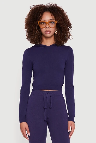 Womens Long Sleeve Cropped Pullover Hooded Sweater, Blue, Size S