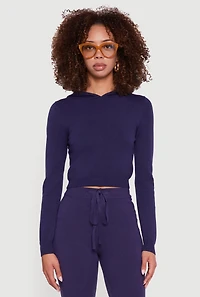 Womens Long Sleeve Cropped Pullover Hooded Sweater, Blue, Size S