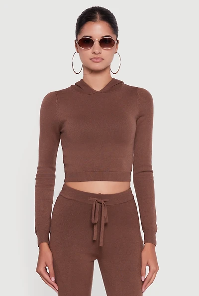 Womens Long Sleeve Cropped Pullover Hooded Sweater,