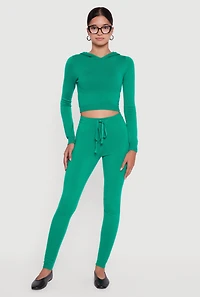 Womens Knitted Drawstring Leggings, Green, Size L