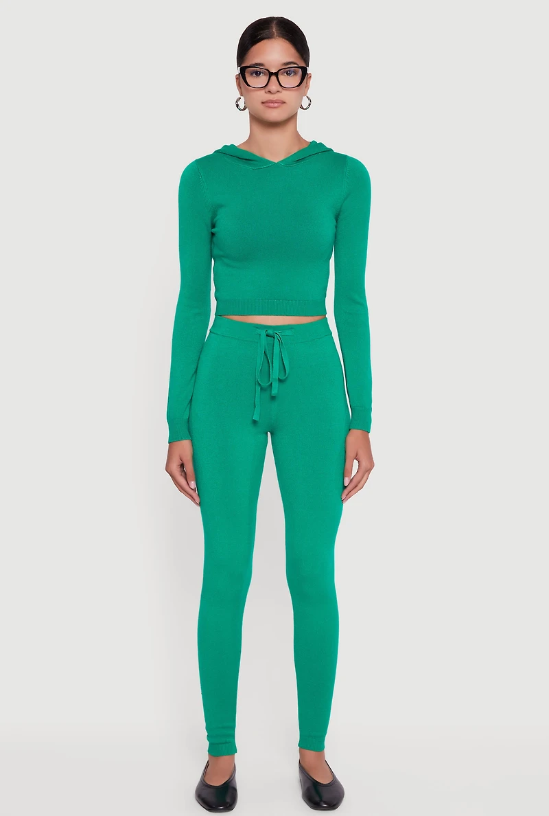 Womens Knitted Drawstring Leggings, Green, Size L