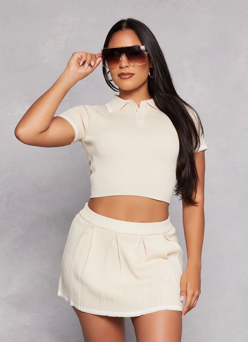 Womens Daisy Contrast Trim Cropped Polo Shirt, Beige, Size M