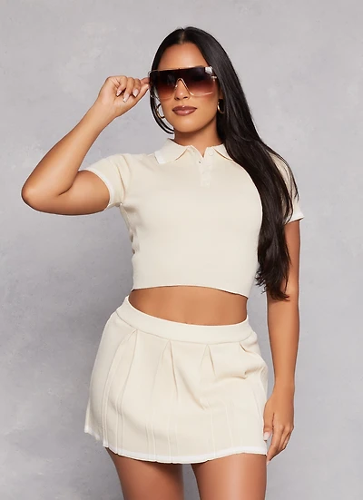 Womens Daisy Contrast Trim Cropped Polo Shirt, Beige, Size M