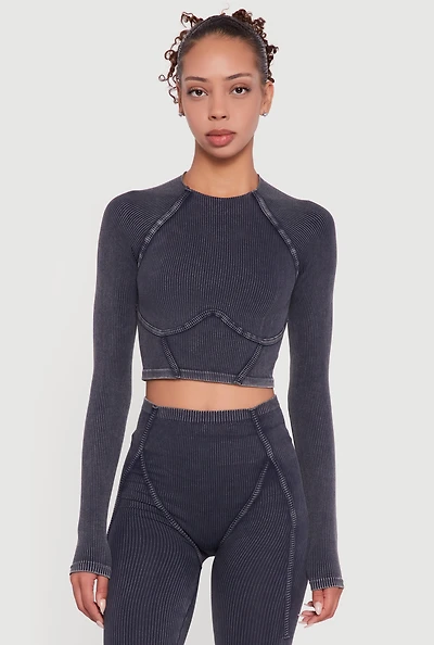 Womens Acid Wash Ribbed Knit Decorative Stitch Active Crop Top, Grey, Size S