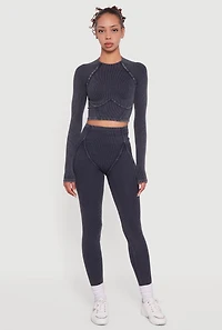 Womens Acid Wash Ribbed Knit Decorative Stitch Active Crop Top, Grey, Size S
