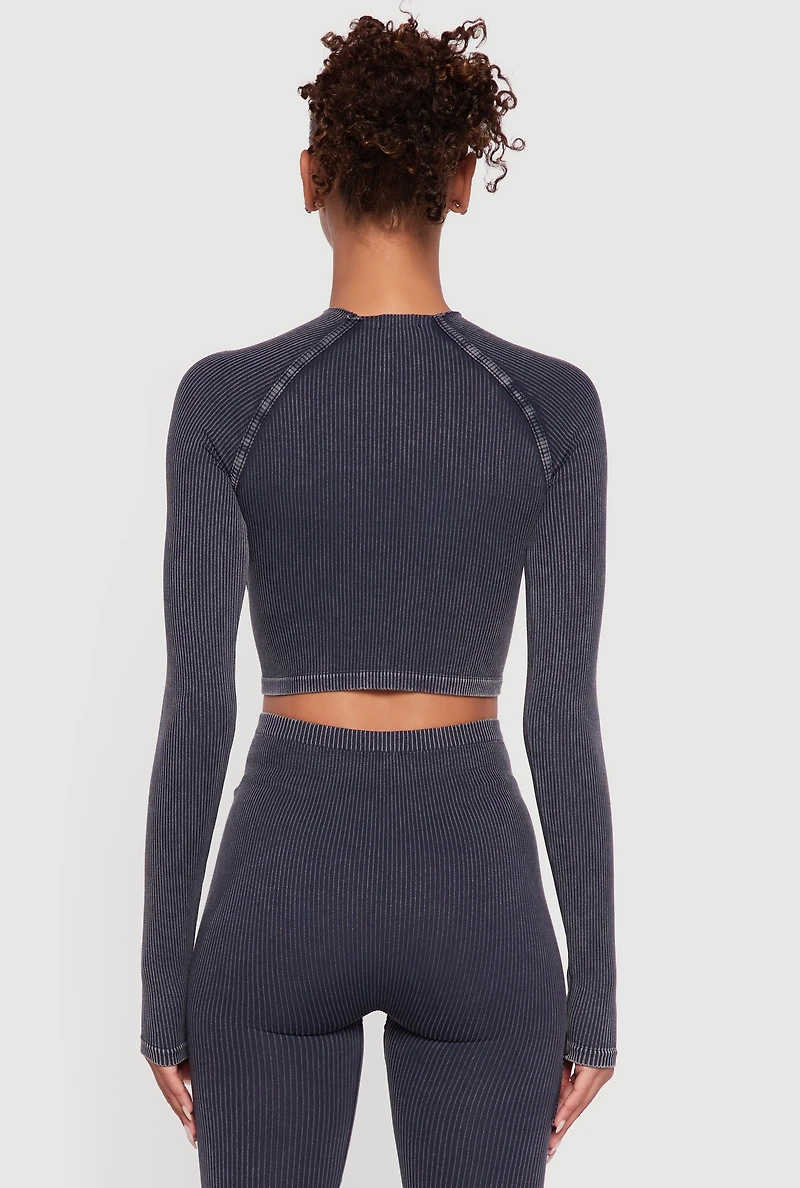 Womens Acid Wash Ribbed Knit Decorative Stitch Active Crop Top, Grey, Size S