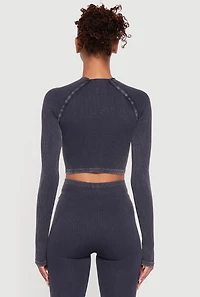 Womens Acid Wash Ribbed Knit Decorative Stitch Active Crop Top, Grey, Size S