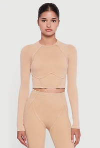 Womens Acid Wash Ribbed Knit Decorative Stitch Active Crop Top,